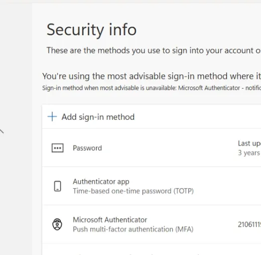 Microsoft Security info page with the Add sign-in method link highlighted