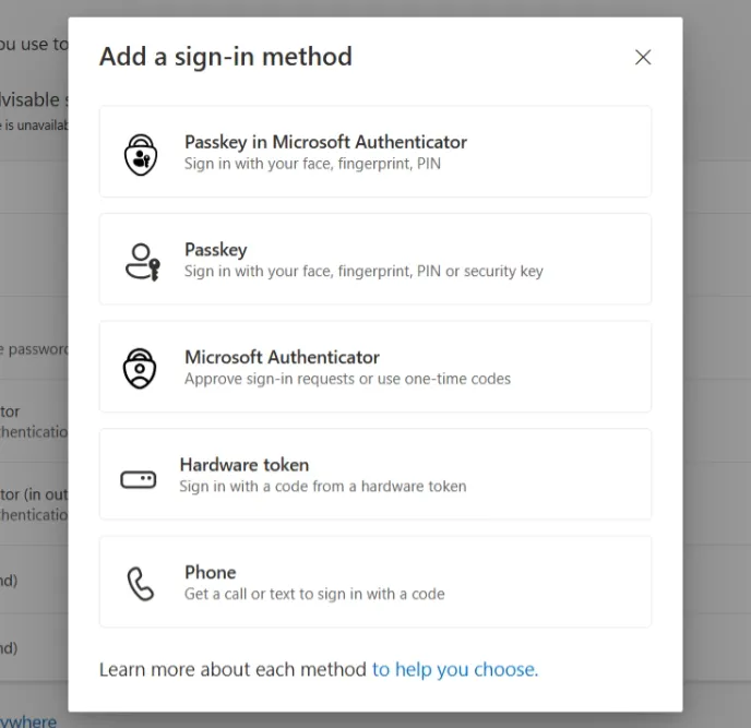 Add a sign-in method dialog listing Passkey among the options