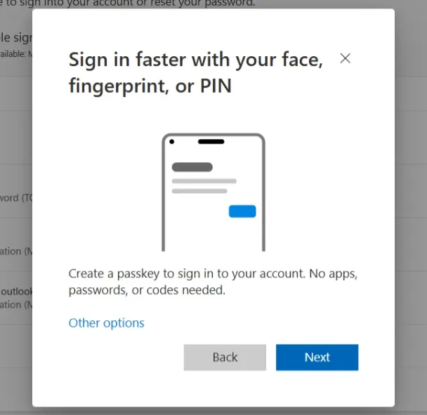 Sign in faster dialog with the Other options link below the description