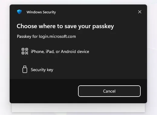 Windows Security dialog asking where to save the passkey, with Security key listed