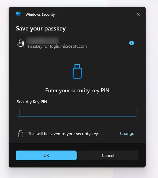 Windows Security dialog asking for the security key PIN
